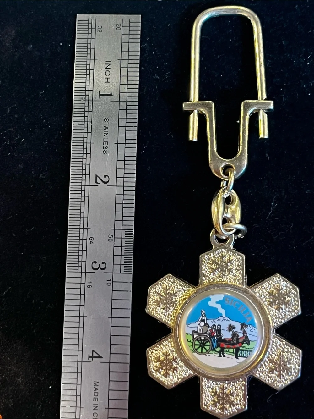 Vintage Sicilia Souvenir Keychain - Gold-tone with Colorful Enamel